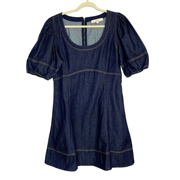 LOFT Denim Swing Dress Puff Sleeve Square Neck Dark Wash Size 10 - Picture 4 of 12